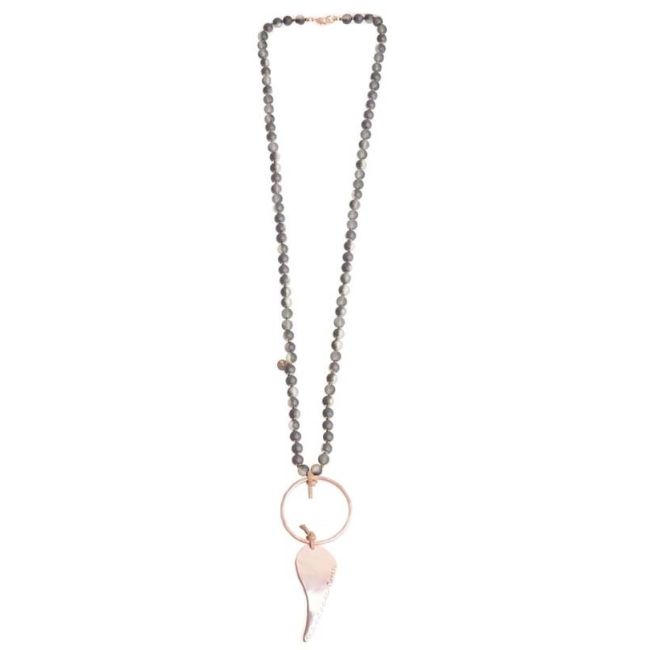 LONG NECKLACE WITH FACETED BEADS METAL WING RING PENDANT