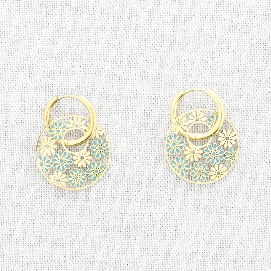 STEEL EARRINGS ENAMEL FLOWERS MEDAL