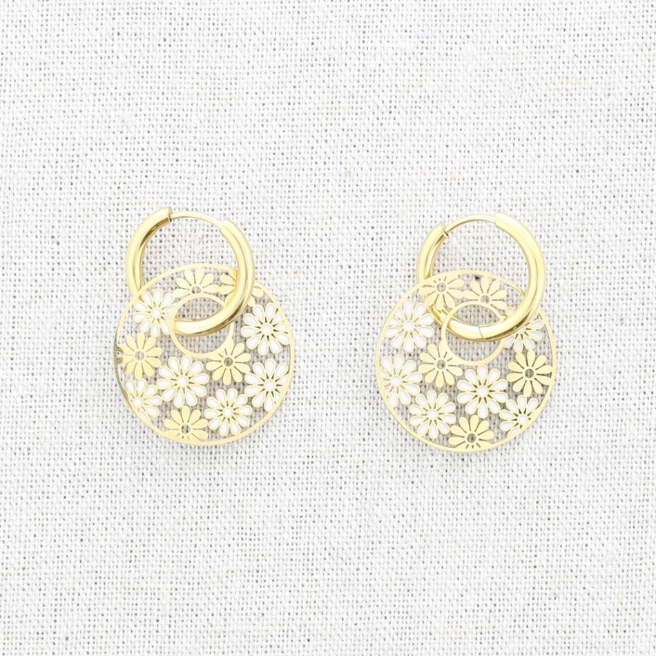 STEEL EARRINGS ENAMEL FLOWERS MEDAL