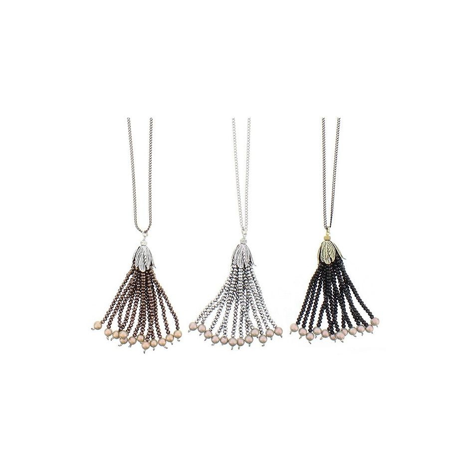 LONG PENDANT NECKLACE FACETED CRYSTALS FRINGE