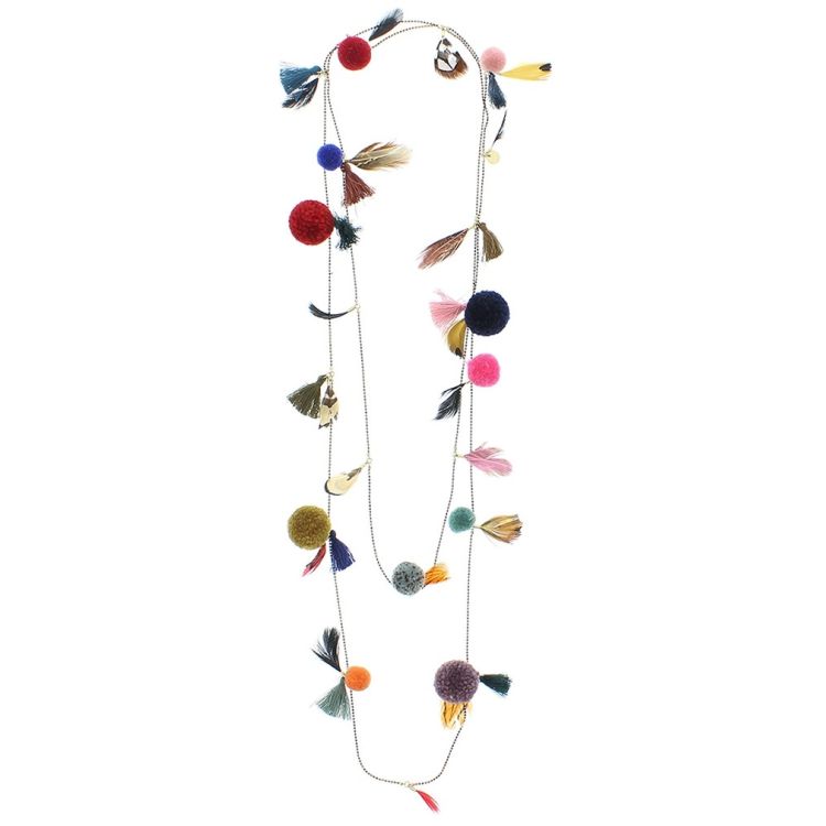 COLLAR LARGO PLUMAS POMPONES