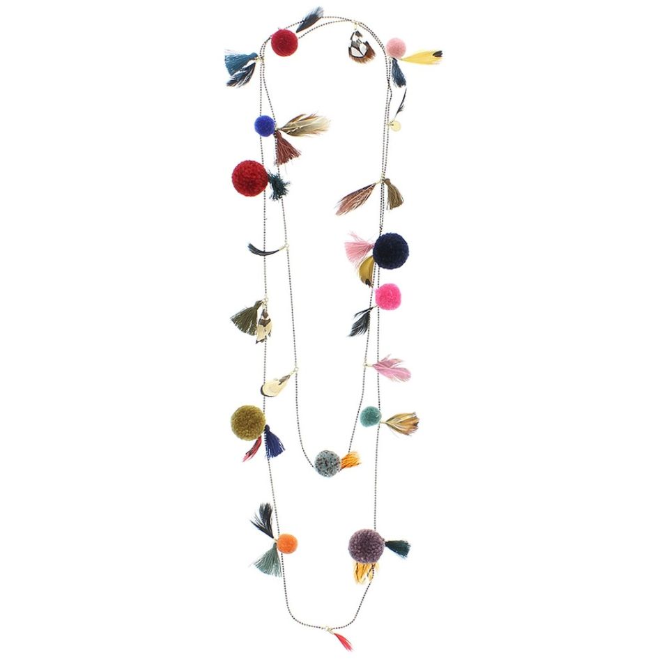 COLLAR LARGO PLUMAS POMPONES