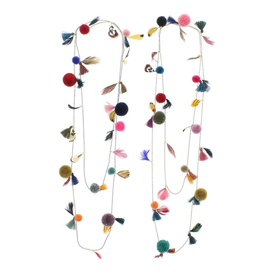 COLLAR LARGO PLUMAS POMPONES