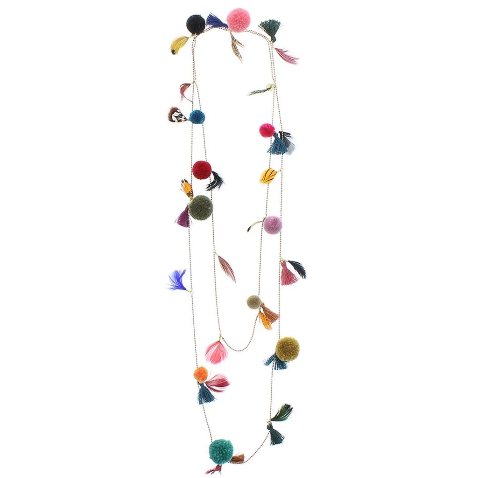 COLLAR LARGO PLUMAS POMPONES