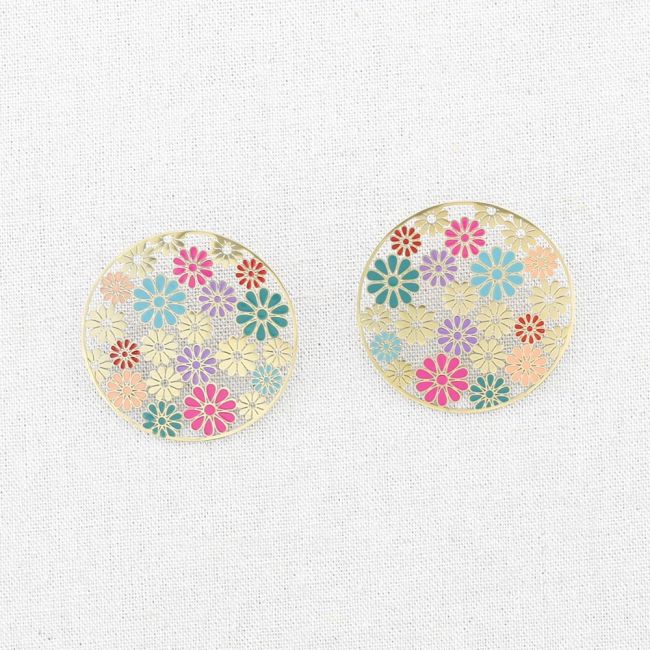 STAINLESS STEEL EARRINGS ENAMEL FLOWERS MEDAL