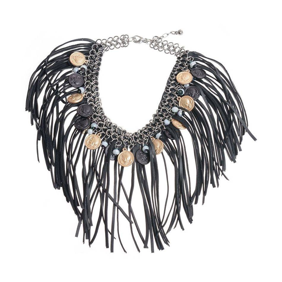 FRINGED LEATHER SHORT NECKLACE WITH METAL COINS