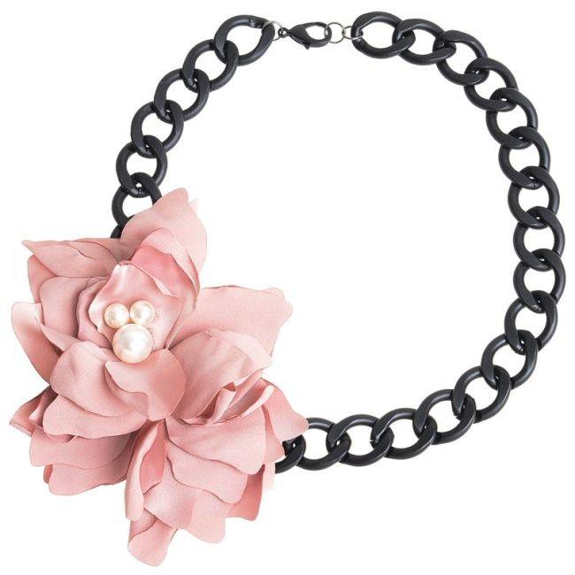 FABRIC FLOWER METAL CHAIN SHORT NECKLACE