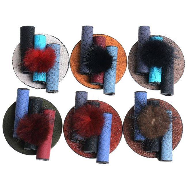 FAUX LEATHER BROOCH WITH FUR POMPOM