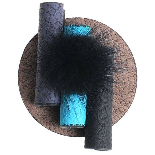FAUX LEATHER BROOCH WITH FUR POMPOM