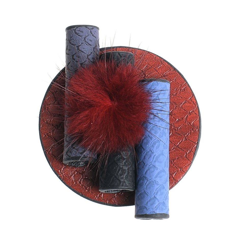 FAUX LEATHER BROOCH WITH FUR POMPOM