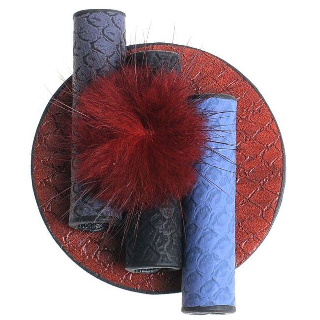 FAUX LEATHER BROOCH WITH FUR POMPOM