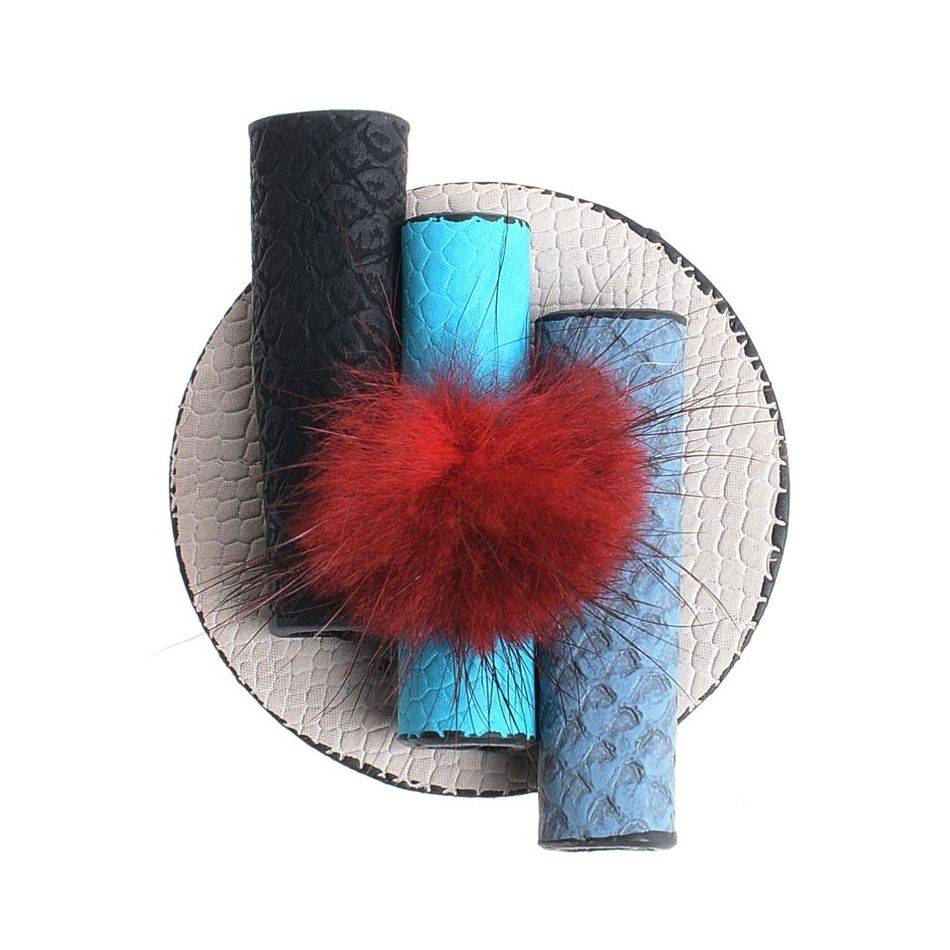 FAUX LEATHER BROOCH WITH FUR POMPOM
