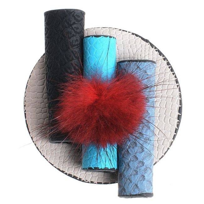 FAUX LEATHER BROOCH WITH FUR POMPOM