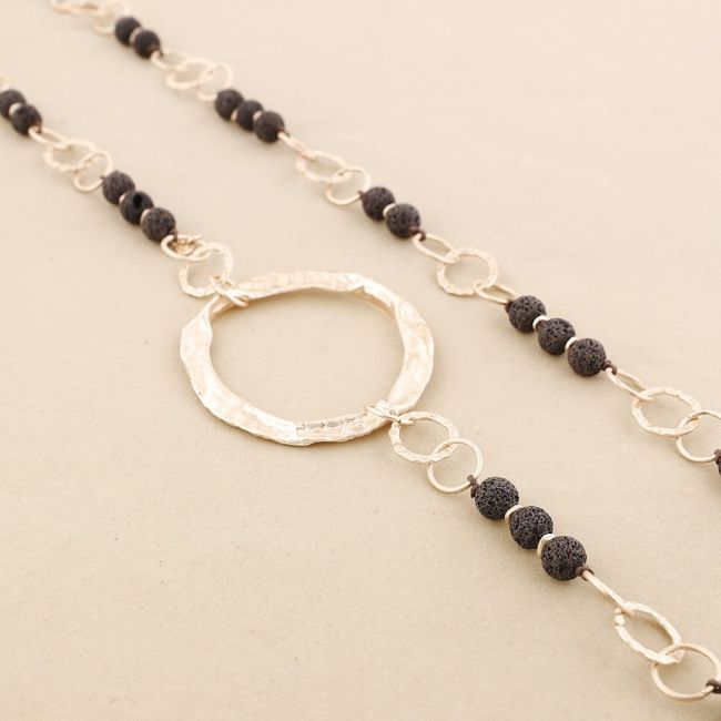 LONG NECKLACE LAVA BEADS METAL RINGS