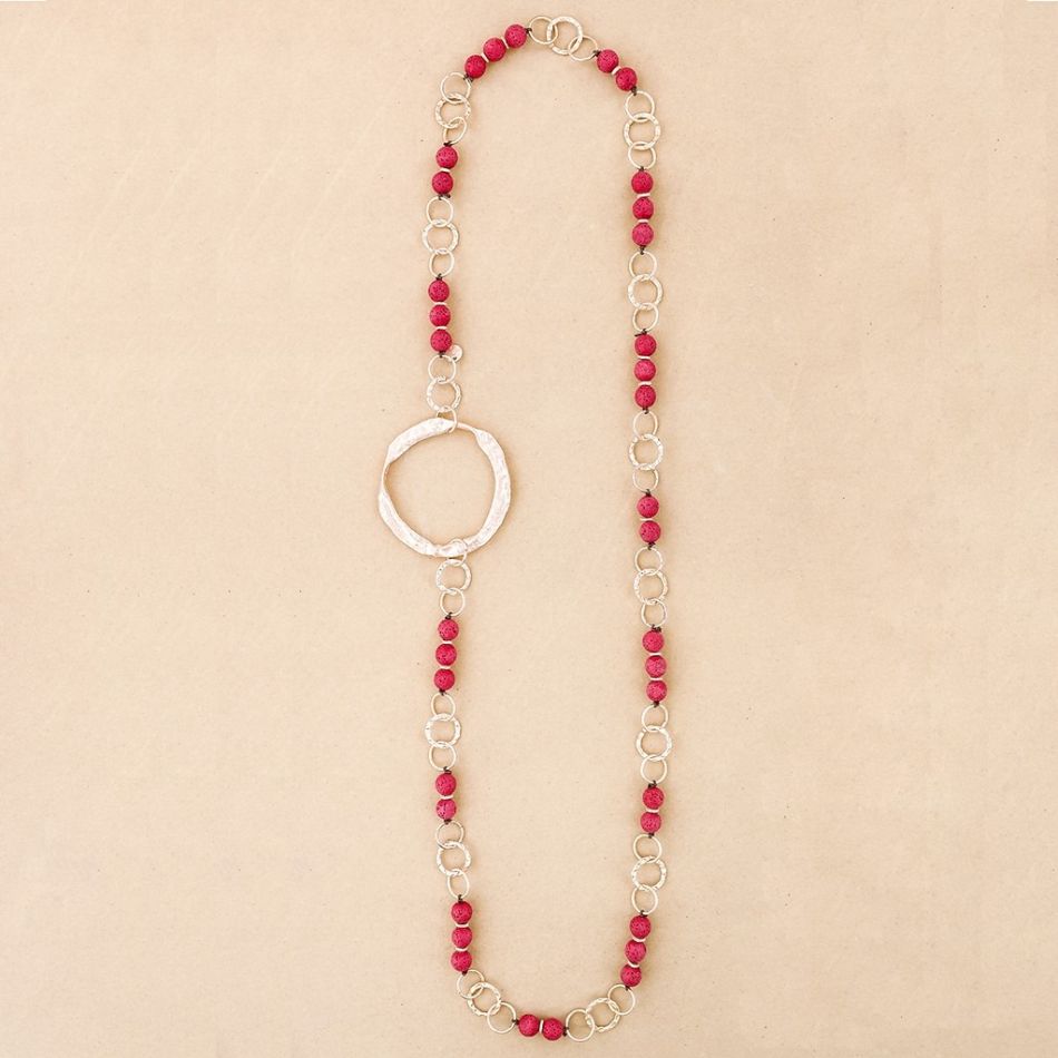LONG NECKLACE LAVA BEADS METAL RINGS