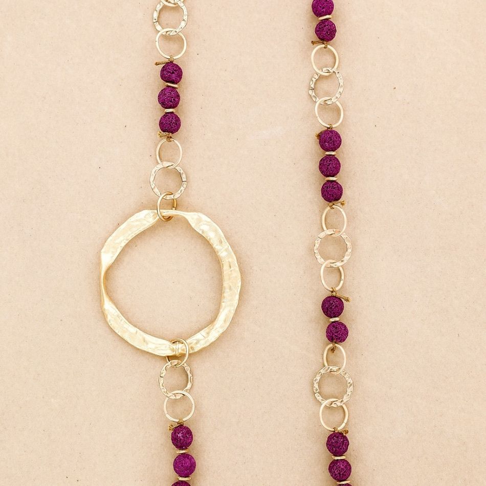 LONG NECKLACE LAVA BEADS METAL RINGS