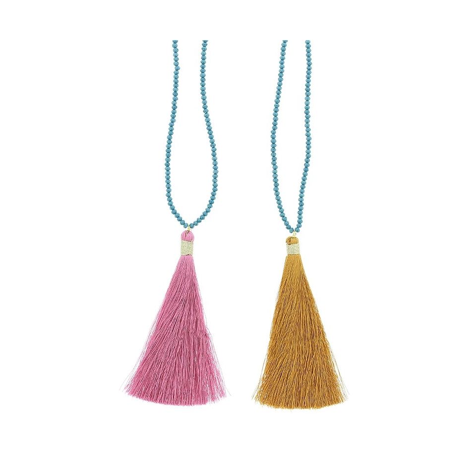 LONG NECKLACE FACETED BEADS COLG. FRINGE