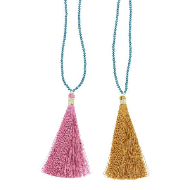 LONG NECKLACE FACETED BEADS COLG. FRINGE