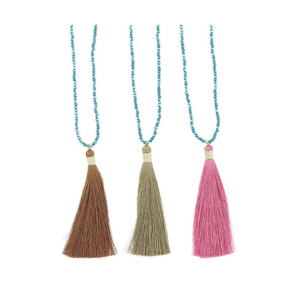 LONG NECKLACE FACETED BEADS COLG. FRINGE