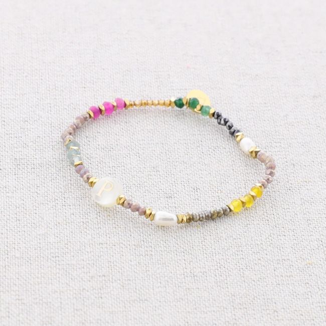 PULSERA ELÁSTICA ACERO PIEDRAS LETRA P