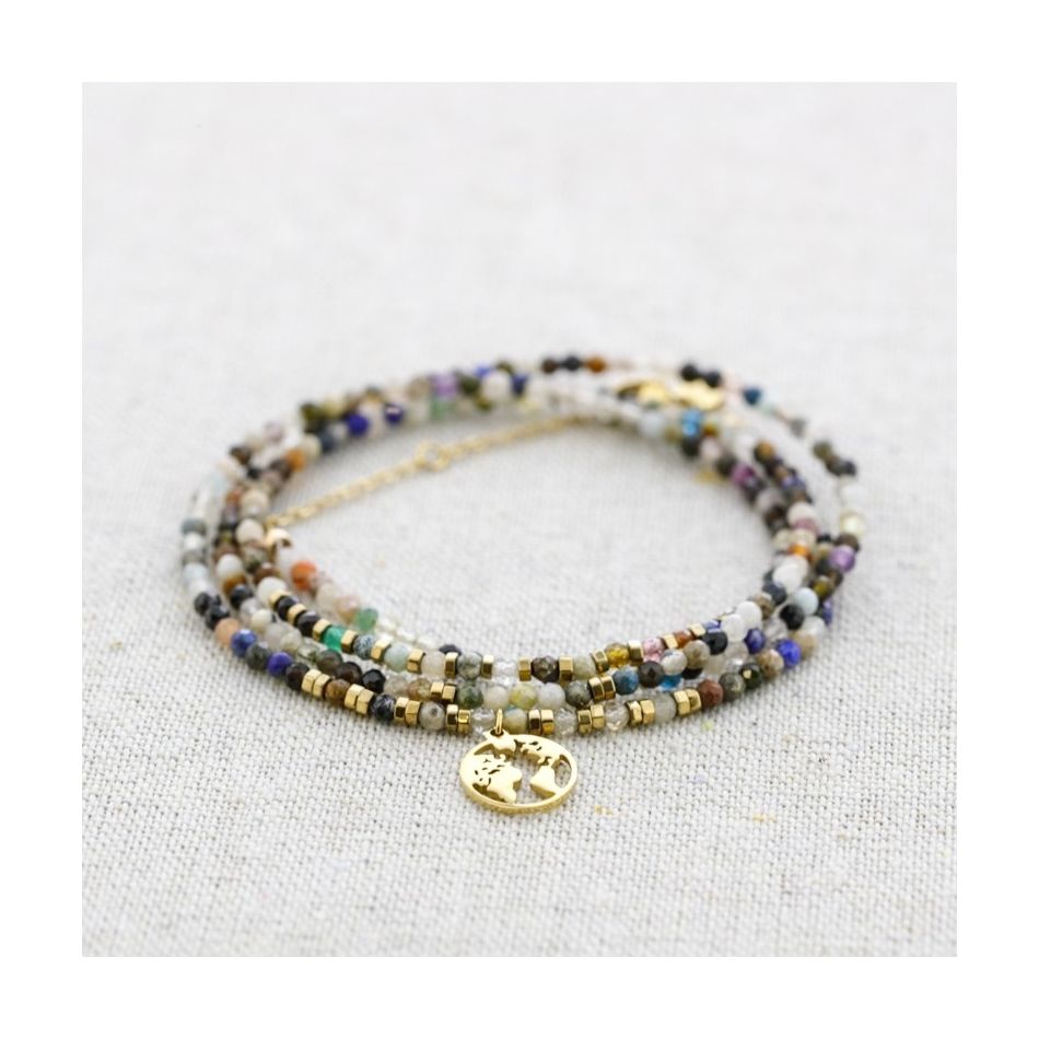 FOUR ROUND STEEL BRACELET WITH WORLD MAP PENDANT