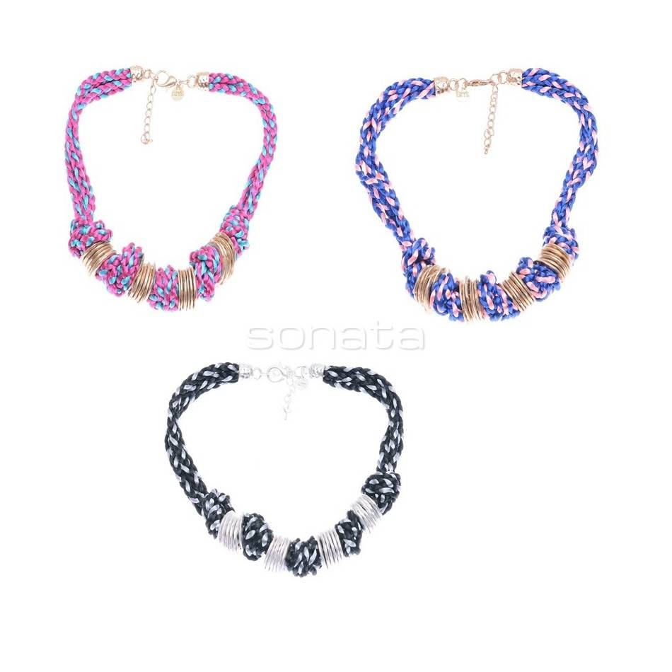 DOUBLE BRAIDED CORD SHORT NECKLACE WITH RINGS