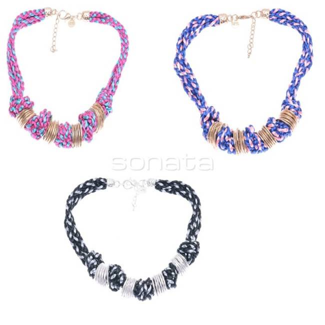 DOUBLE BRAIDED CORD SHORT NECKLACE WITH RINGS