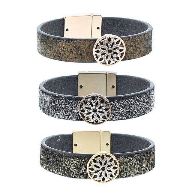 PULSERA CUERO METAL CRISTALES
