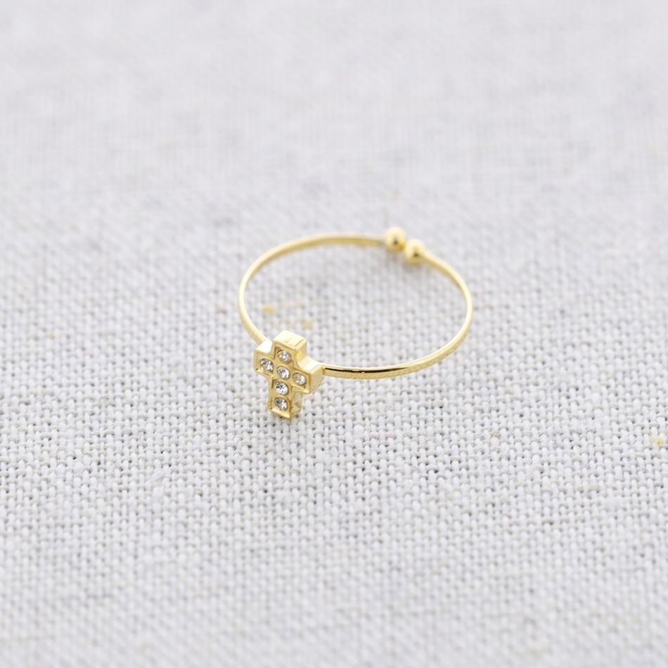 CRYSTAL CROSS STEEL RING