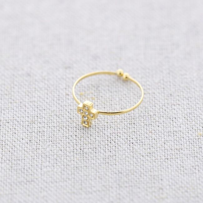 CRYSTAL CROSS STEEL RING