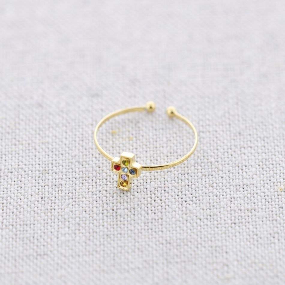 CRYSTAL CROSS STEEL RING