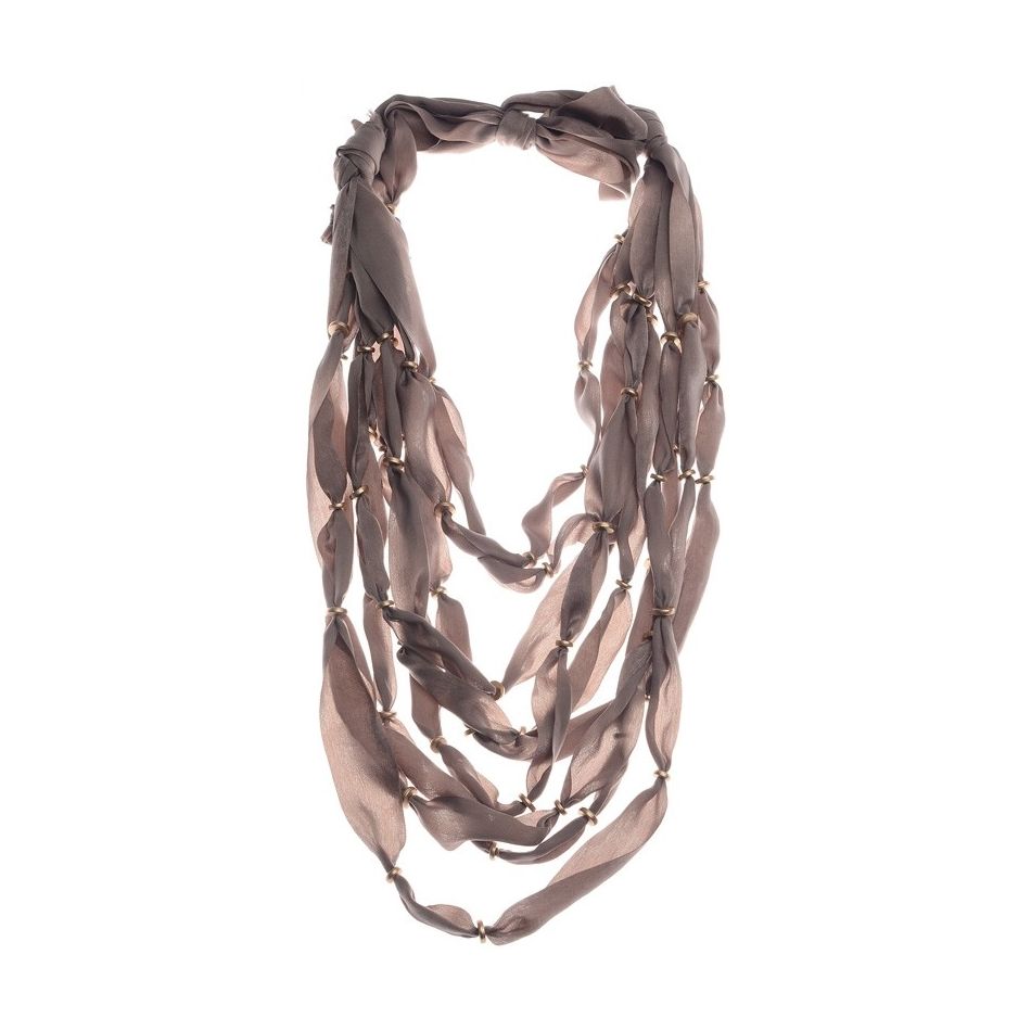 9 STRIPS FABRIC SHORT NECKLACE WITH METAL BEADS