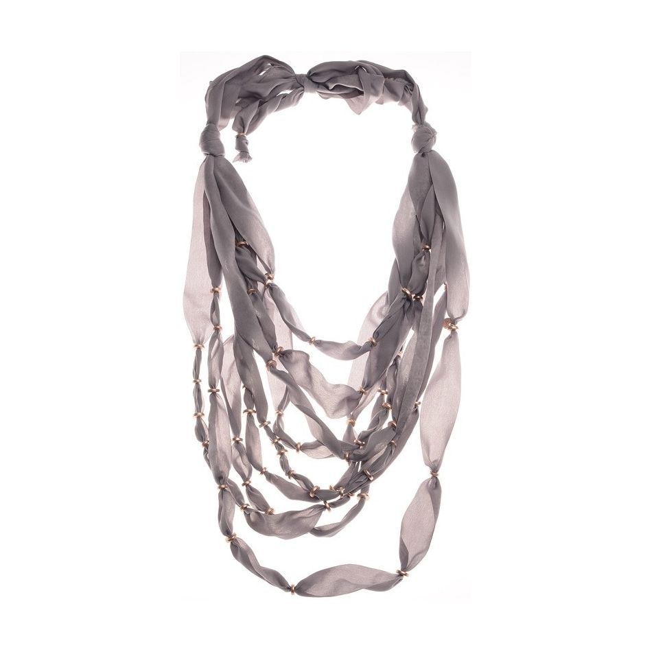 9 STRIPS FABRIC SHORT NECKLACE WITH METAL BEADS