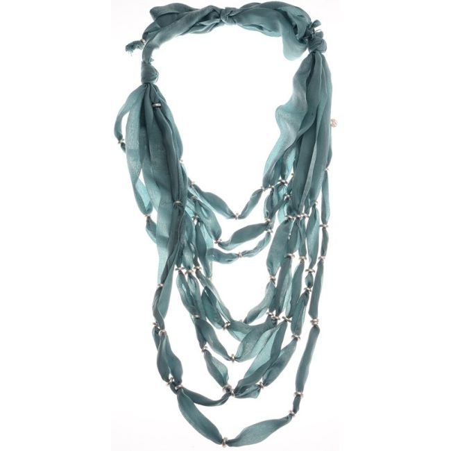 9 STRIPS FABRIC SHORT NECKLACE WITH METAL BEADS