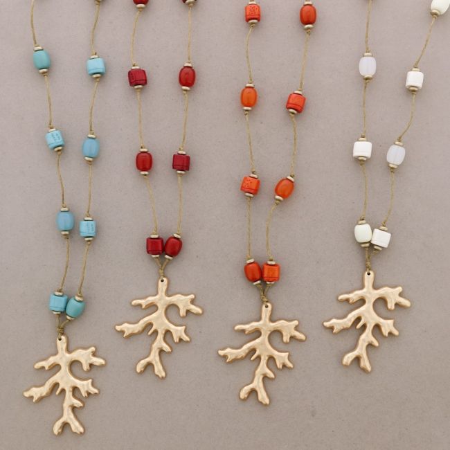 LONG NECKLACE RESIN BEADS PENDANT CORAL METAL