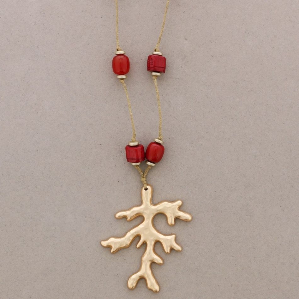 LONG NECKLACE RESIN BEADS PENDANT CORAL METAL