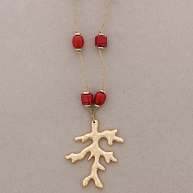 COLLAR LARGO CUENTAS RESINA COLGANTE CORAL METAL