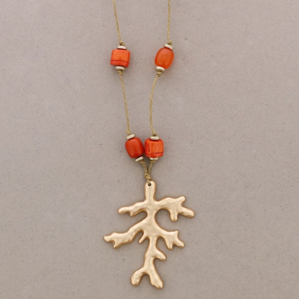 LONG NECKLACE RESIN BEADS PENDANT CORAL METAL