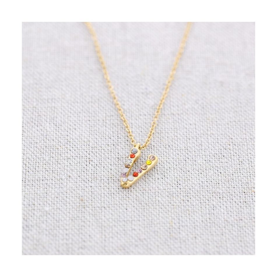 INITIAL V STEEL CRYSTALS SHORT NECKLACE