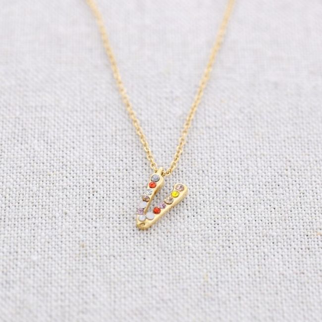 INITIAL V STEEL CRYSTALS SHORT NECKLACE