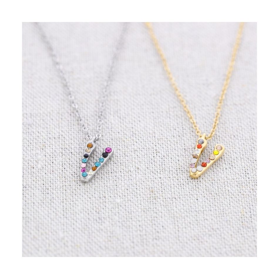 INITIAL V STEEL CRYSTALS SHORT NECKLACE