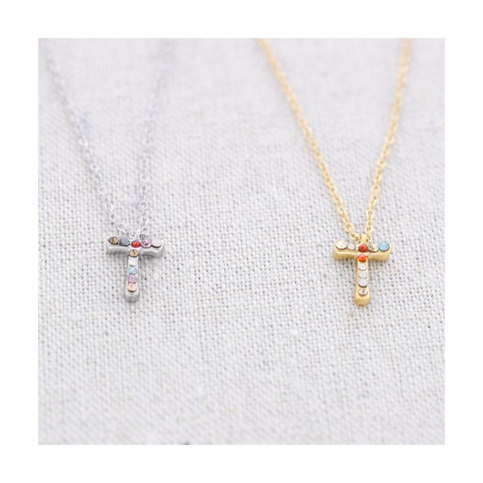 INITIAL T STEEL CRYSTALS SHORT NECKLACE