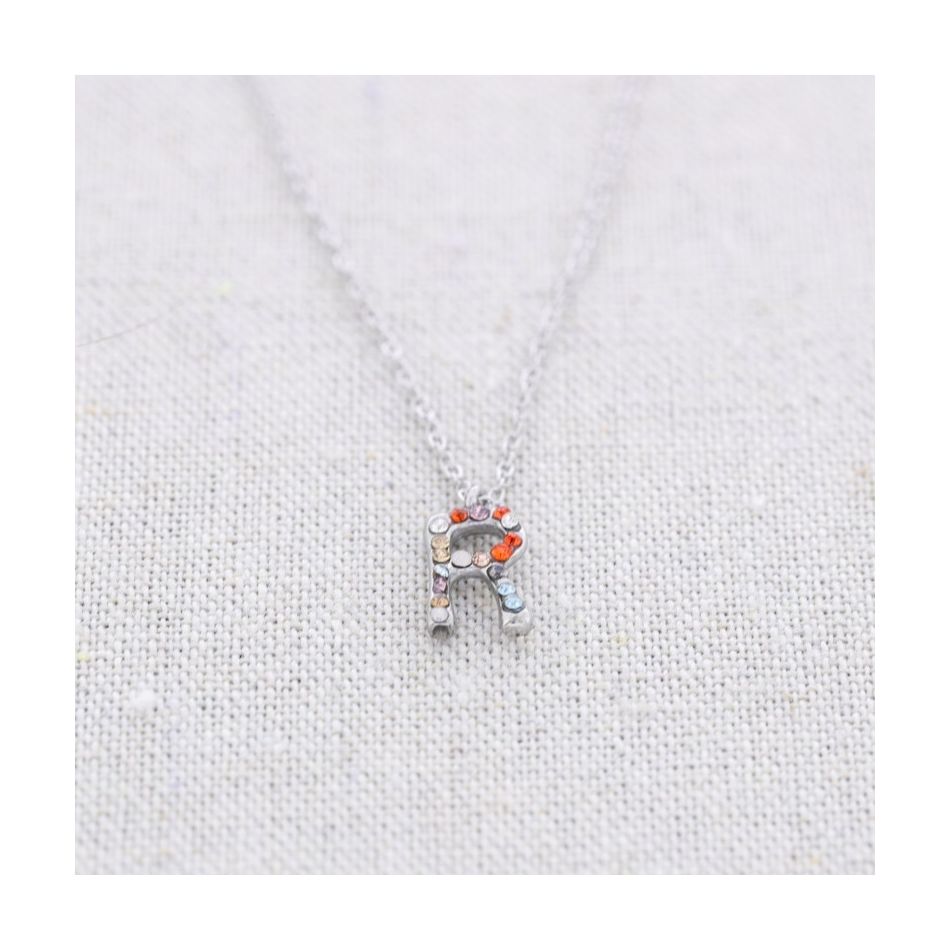 INITIAL R STEEL CRYSTALS SHORT NECKLACE