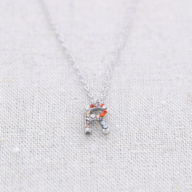INITIAL R STEEL CRYSTALS SHORT NECKLACE