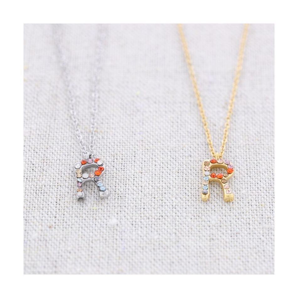 INITIAL R STEEL CRYSTALS SHORT NECKLACE
