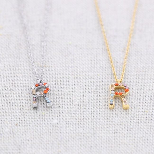 INITIAL R STEEL CRYSTALS SHORT NECKLACE