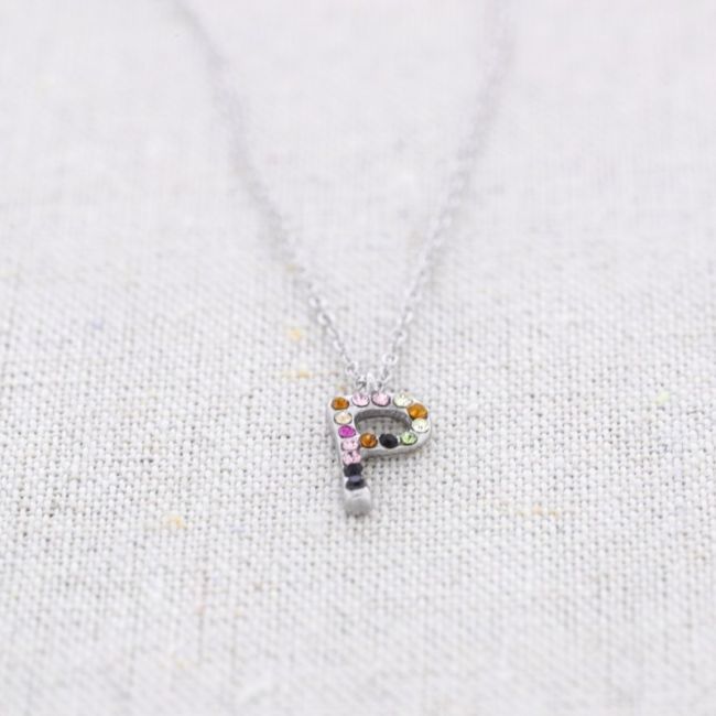 INITIAL P STEEL CRYSTALS SHORT NECKLACE