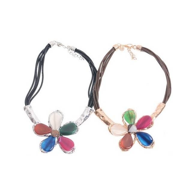 STONE FLOWER METAL SHORT NECKLACE