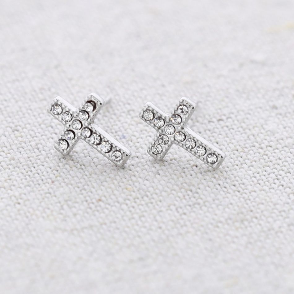 CRYSTAL CROSS STEEL EARRINGS