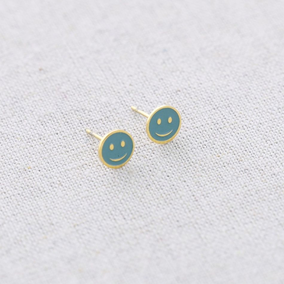 PENDIENTES PRESIÓN ACERO MEDALLA SMILEY ESMALTE